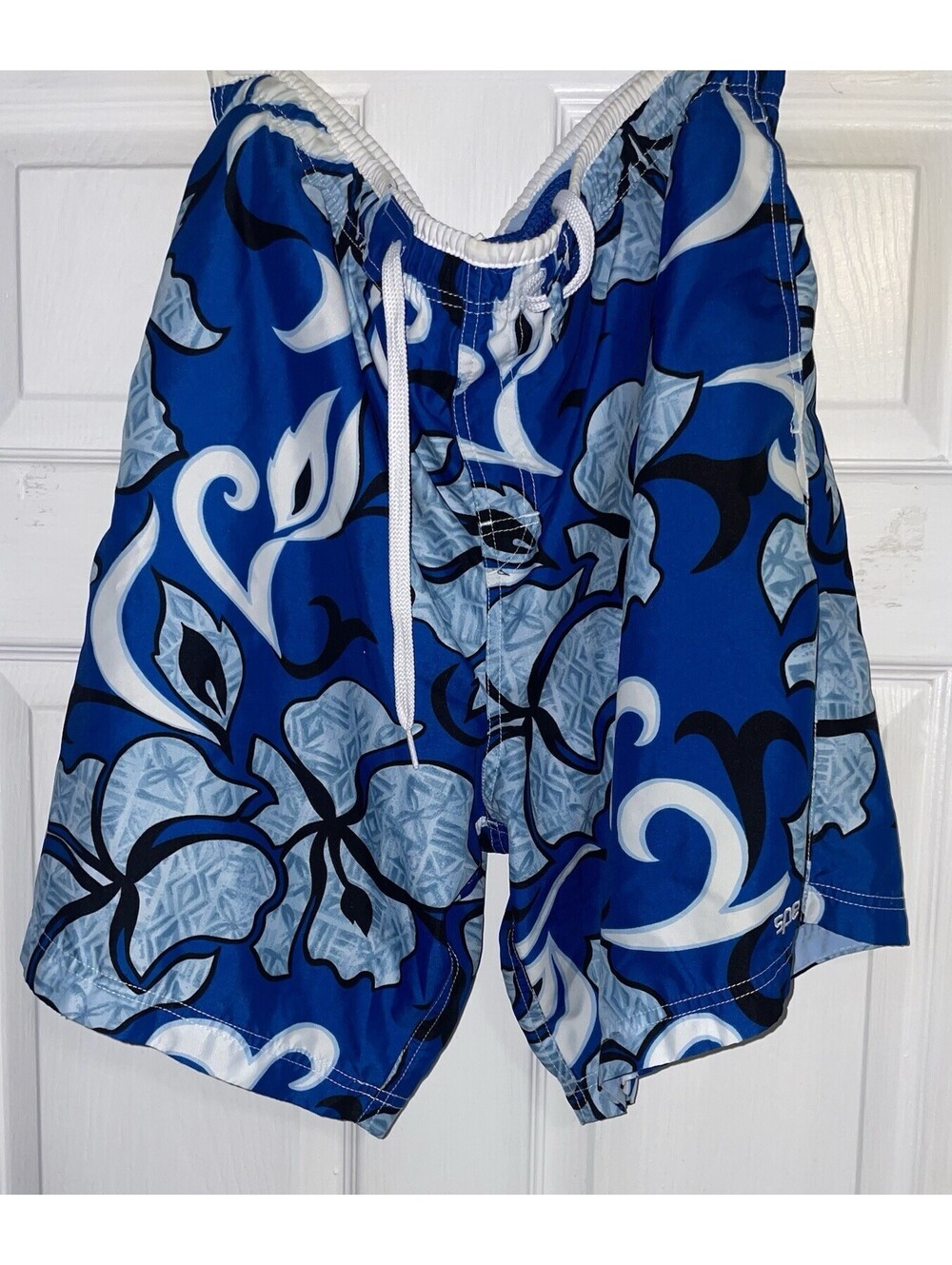 SPEEDO Mens Tropical Blue Hibiscus Swim Trunks Lined Shorts Elastic Waist Size L
